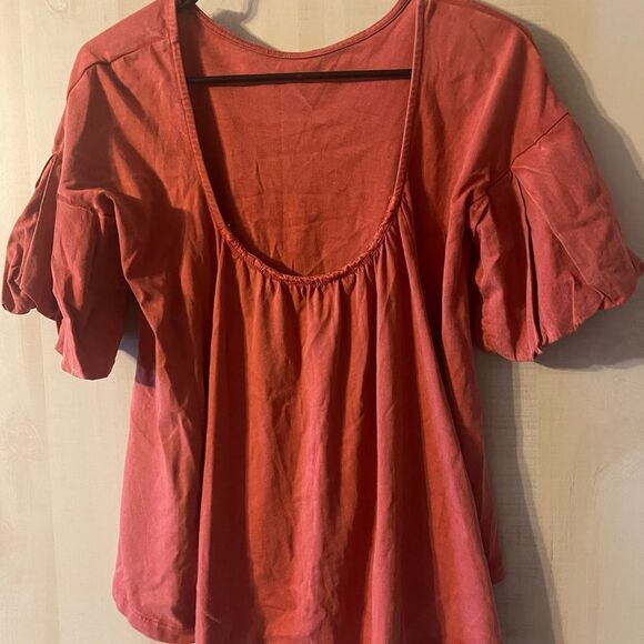 Frye short sleeve bell sleeve orange rust top round neck low back size small‎ - Picture 8 of 9